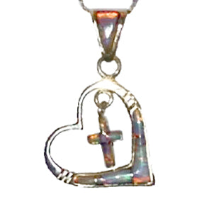 793PD - Opal Heart Pendant with dangling cross (Choose Your Color)