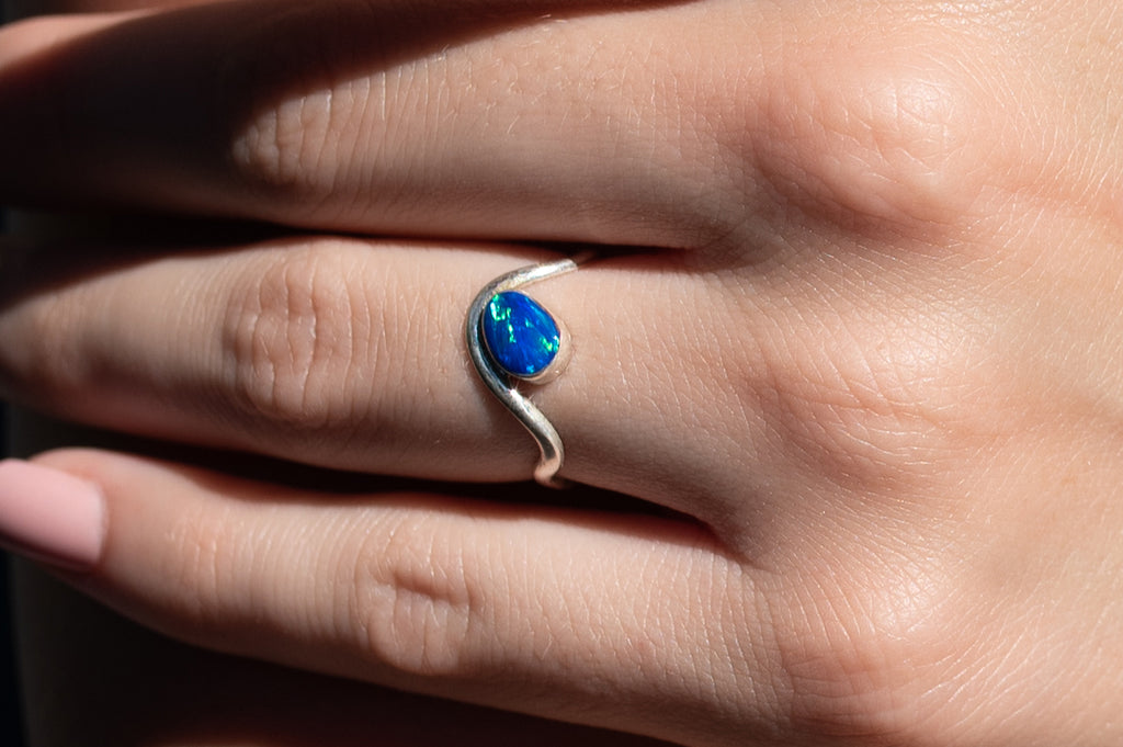 LR138 - Caribbean Blue Opal Ring set in Sterling Silver- Perfect Elegant gift for Women, Birthdays, and Weddings